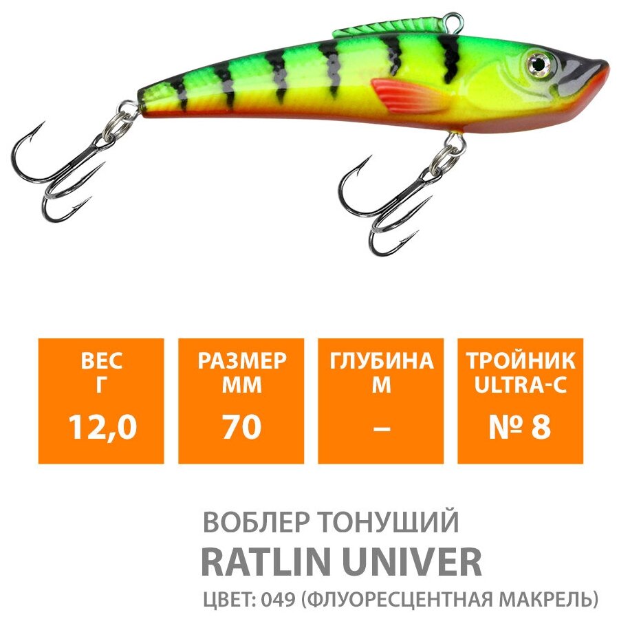 Воблер для рыбалки тонущий AQUA Ratlin Univer 70mm 12g цвет 049