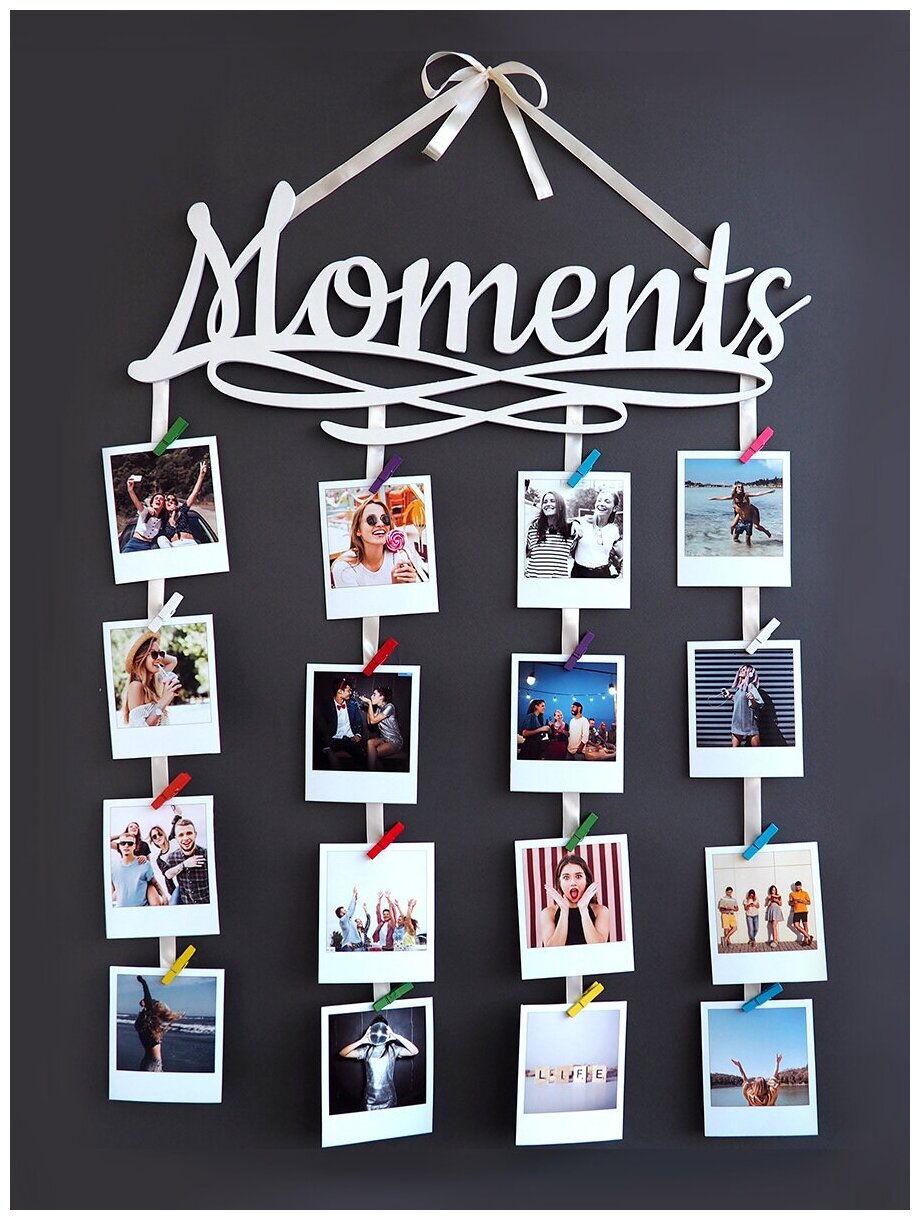 Панно для фотографий Roomton Moments 55см, белый, фоторамка с прищепками, держатель для фотографий, мультирамка, фоторамка коллаж, семейное дерево
