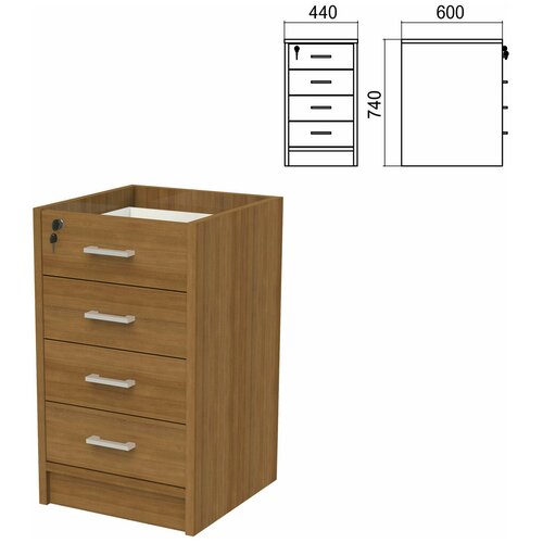Тумба приставная Арго каркас без крышки, 440х450х740 мм, 4 ящика, замок, орех