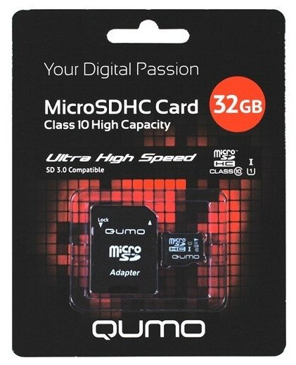 Карта памяти microSDHC Qumo QM32GMICSDHC10U1 32 Гб класс 10 UHS-I - 90*10 МБ/с FULL HD 1080 Video - с адаптером SD