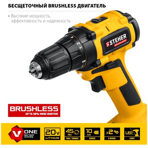 Шуруповерт аккумуляторный бесщеточный STEHER CDB-200-1 20 В 2 АКБ 2Ач в кейсе 832900₽