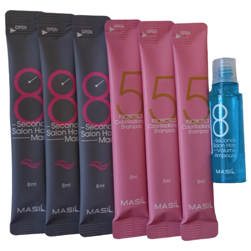 Набор Masil Маска 8 Seconds salon hair mask, 8мл + Шампунь 5 Probiotics color radiance 8мл + Маска-филлер 8 seconds salon hair 15мл