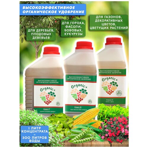 Набор органических удобрений для цветов/гороха/фасоли/плодовых деревьев Класс G, B, F 3 литра Organic+