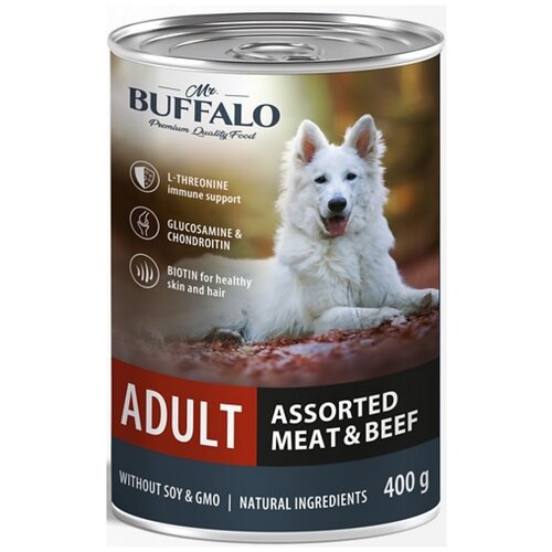 Влажный корм для собак Mr.BUFFALO Adult мясное ассорти с говядиной 1 уп. х 1 шт. х 400 г влажный корм для собак mr buffalo adult говядина и печень 1 уп х 1 шт х 400 г