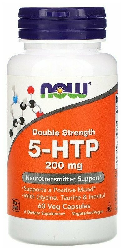 5-HTP NOW Foods, 5-ГидроксиТриптофан 200 мг + Глицин, Таурин, Инозитол - 60 капсул