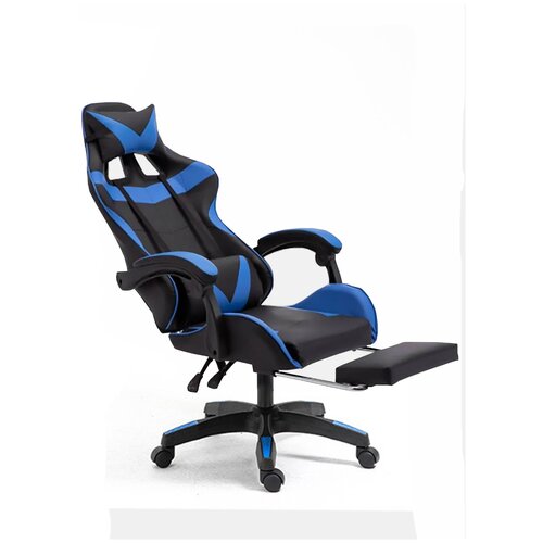 Геймерское игровое кресло (Черный с синим, Основание пластик, С подставкой для ног)