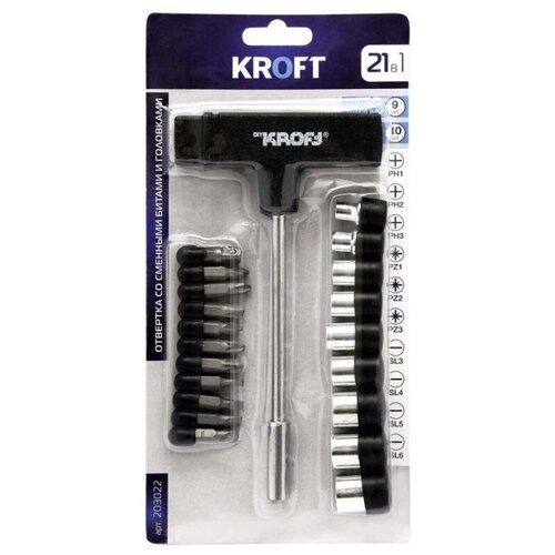 Отвертка Т-образная со сменными битами и головками 21 в 1 KROFT 203022 754₽