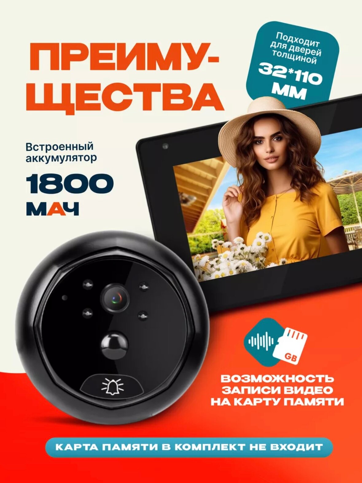 Дверной видеоглазок для входной двери с монитором/экраном, со встроенной памятью, датчиком движения и ночным видением, 4.3 дюйма Full HD — фото 1
