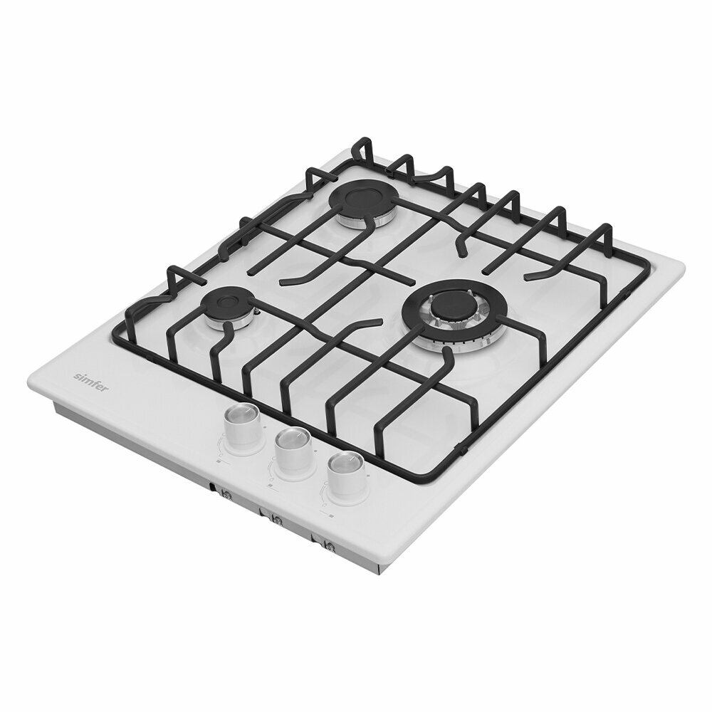 Встраиваемая газовая варочная панель Simfer H45V35W571 белого цвета на 3 конфорки шириной 45 см с Wok-конфоркой
