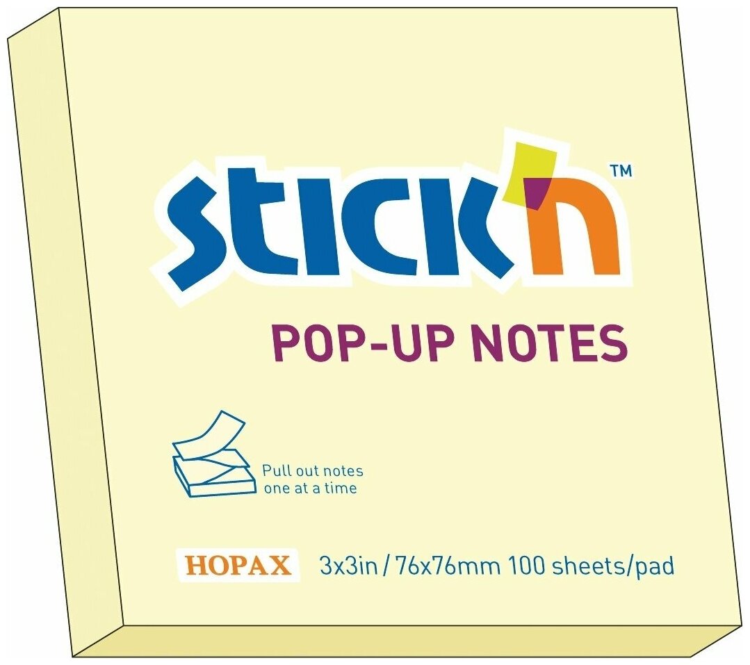 Бумага для заметок с клеевым краем STICK'N HOPAX POP-UP, 76*76 мм, желтый, 100 л (в упаковке 3 блока)