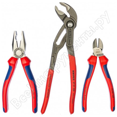 кусачки бокорезы knipex kn 1422160 160 мм Набор ШГИ в ложементе, 3 предмета, комплектация: 0302180 плоскогубцы 180 мм, 7002160 бокорезы 160 мм, 8701250 COBRA клещи переставные 250 мм, KN-002009V01