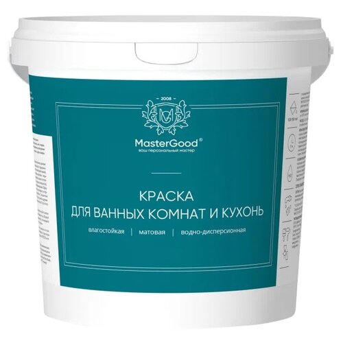 Краска водно-дисперсионная MasterGood для ванных комнат и кухонь матовая белый 14 кг 3400₽