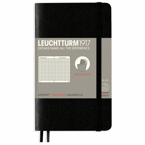 Блокнот Leuchtturm Pocket A6 61л в клетку мягкая обложка Черный