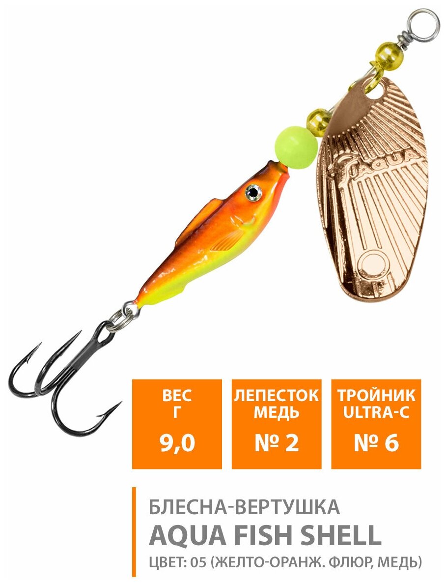 Блесна вертушка для рыбалки AQUA Fish Shell-2 9g цвет 05