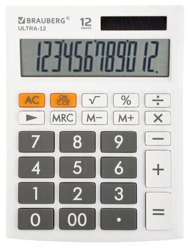 Калькулятор настольный BRAUBERG ULTRA-12-WT (192x143 мм), 12 разрядов, двойное питание, белый, 250496