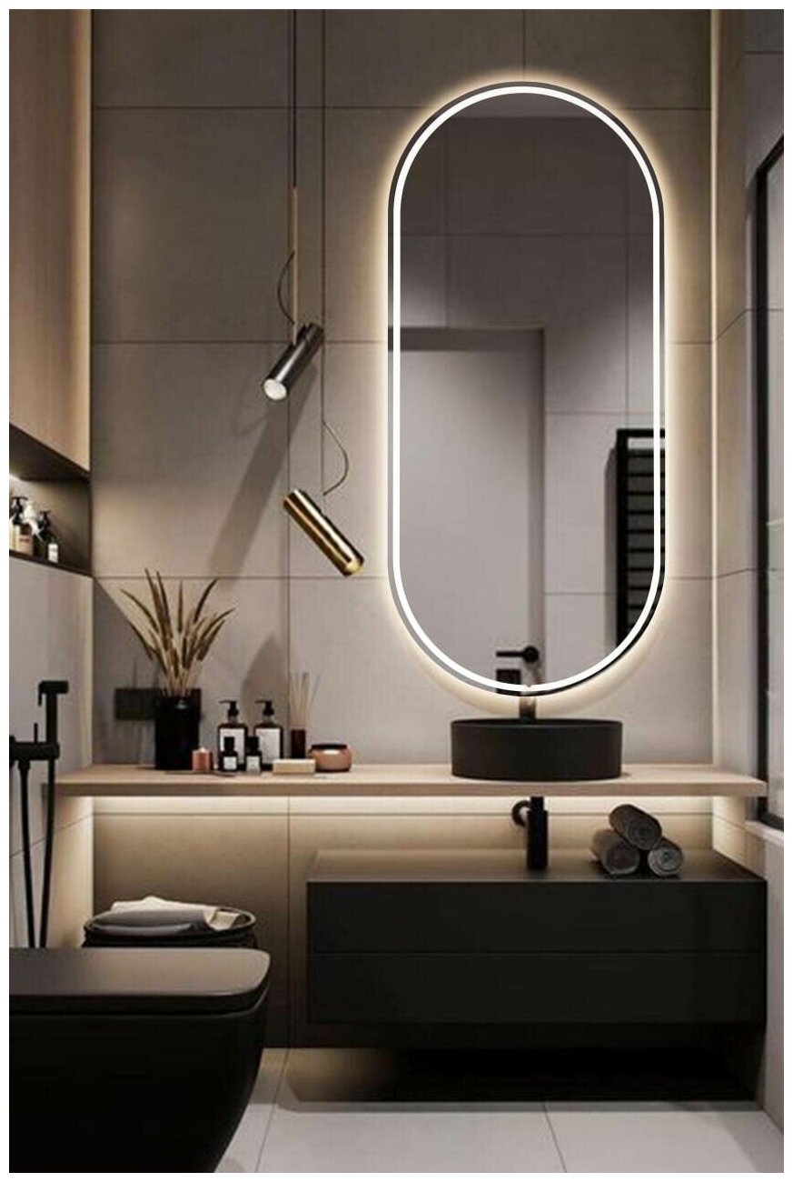 Зеркало настенное с подсветкой парящее овальное капсульное 100*45 см окантовка 1 см для ванной нейтральный свет 4000 К сенсорное управление