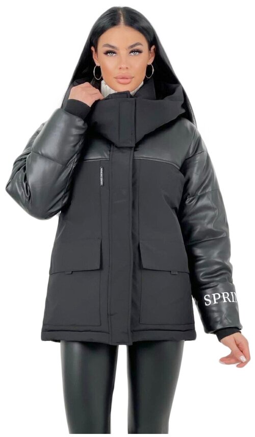 Куртка женская зимняя с капюшоном, пуховик, парка, черный, размер 44