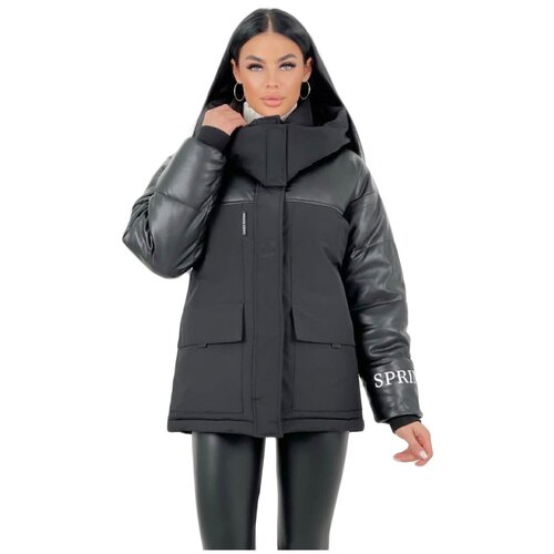 Куртка женская зимняя с капюшоном, пуховик, парка, черный, размер 44