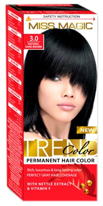 Miss Magic Trend Color стойкая краска для волос с экстрактом крапивы и витамином F, 3.0 natural dark brown, 90 мл