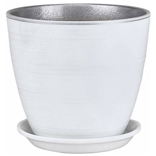 Горшок для цветов керамический с поддоном Роспись бутон белый серебро 1л (PC-04-1) + Дренаж керамзит 0,3л