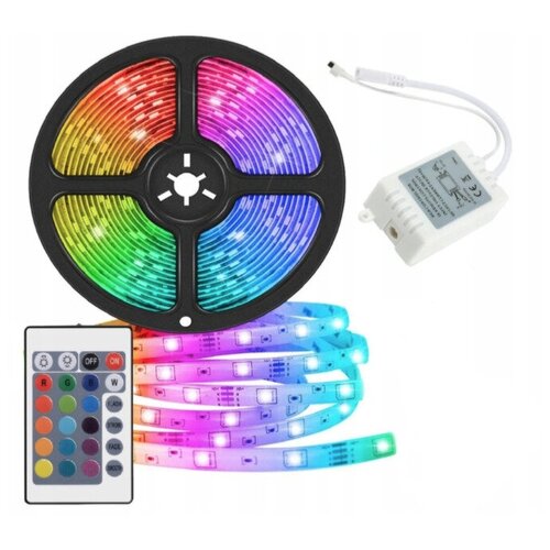 Cветодиодная лента цветная мультиколор SMD5050 RGB 5 метров, 12V, IP65, 14.4 Ватт/метр, 60 Led/метр, комплект с пультом и блоком питания