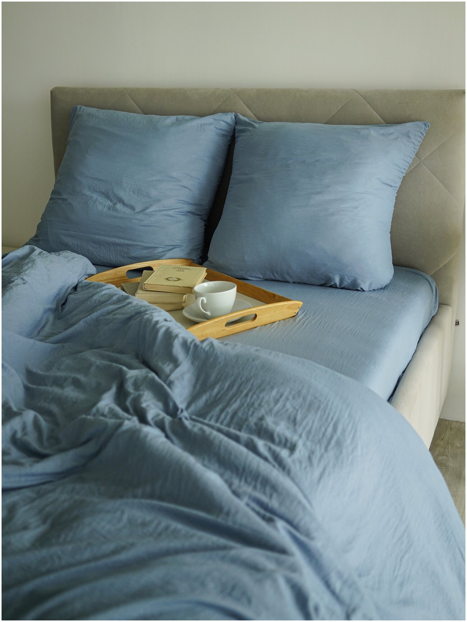Комплект постельного белья, Cheery home, перкаль однотонный, 1,5 спальный жатка, голубой. - фотография № 2