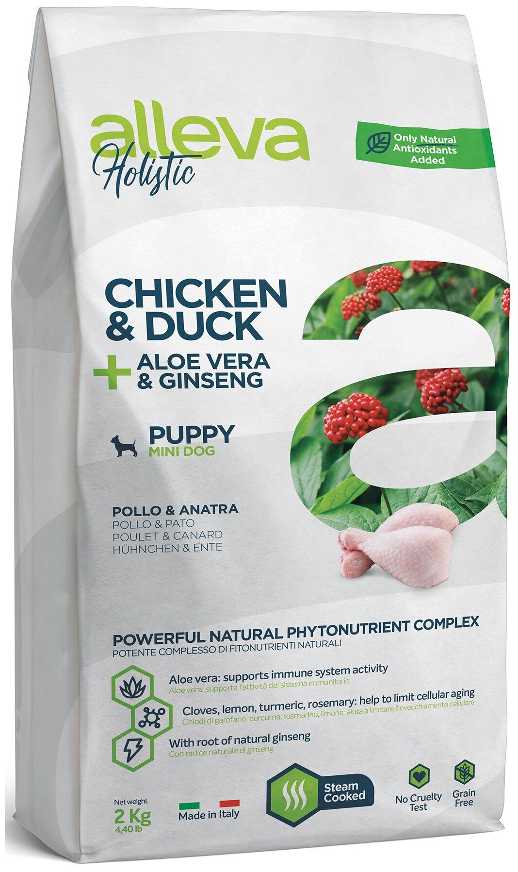 Корм Alleva Holistic Puppy Mini Chicken & Duck для щенков малых пород, беременных и кормящих сук, курица, утка, алоэ вера и женьшень, 2 кг