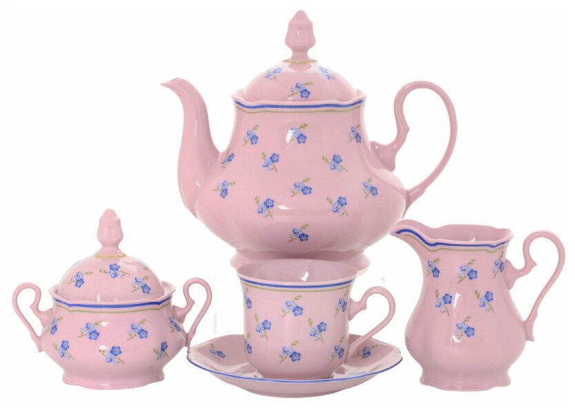 Чайный сервиз 6 персон 15 предметов Мэри-Энн, Синие цветы, розовый фарфор
