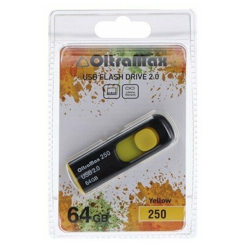 Флешка OltraMax 250, 64 Гб, USB2.0, чт до 15 Мб/с, зап до 8 Мб/с, жёлтая