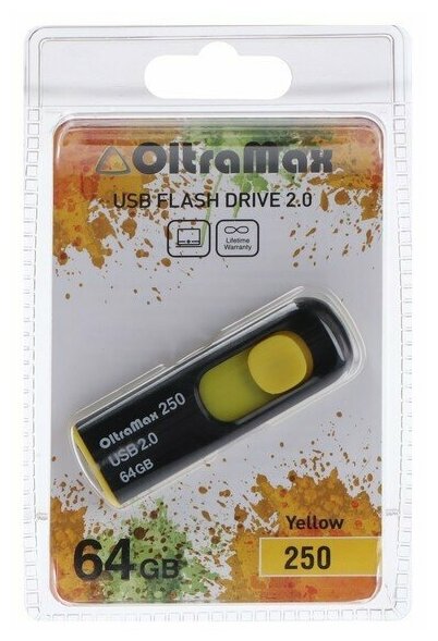 Флешка OltraMax 250, 64 Гб, USB2.0, чт до 15 Мб/с, зап до 8 Мб/с, жёлтая