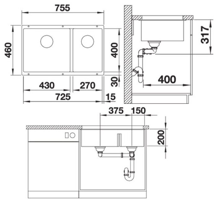 Кухонная мойка BLANCO SUBLINE 430/270-U антрацит - фотография № 2