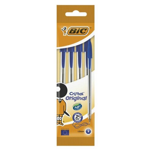Ручки шариковые BIC Cristal Original, набор 4 шт, синие, узел 1 мм, линия 0,32 мм, пакет, 8308601