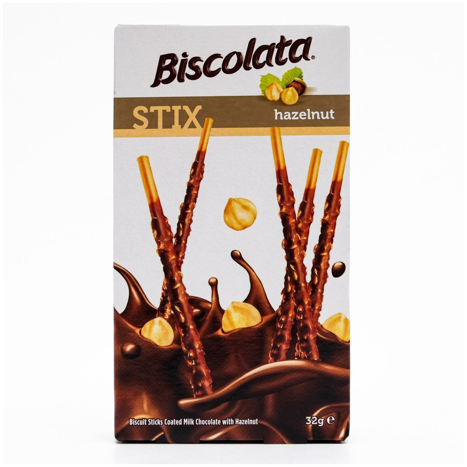 Бисквитные палочки Biscolata Stix Hazelnut покрытые молочным шоколадом с лесным орехом, 32 г 6930331