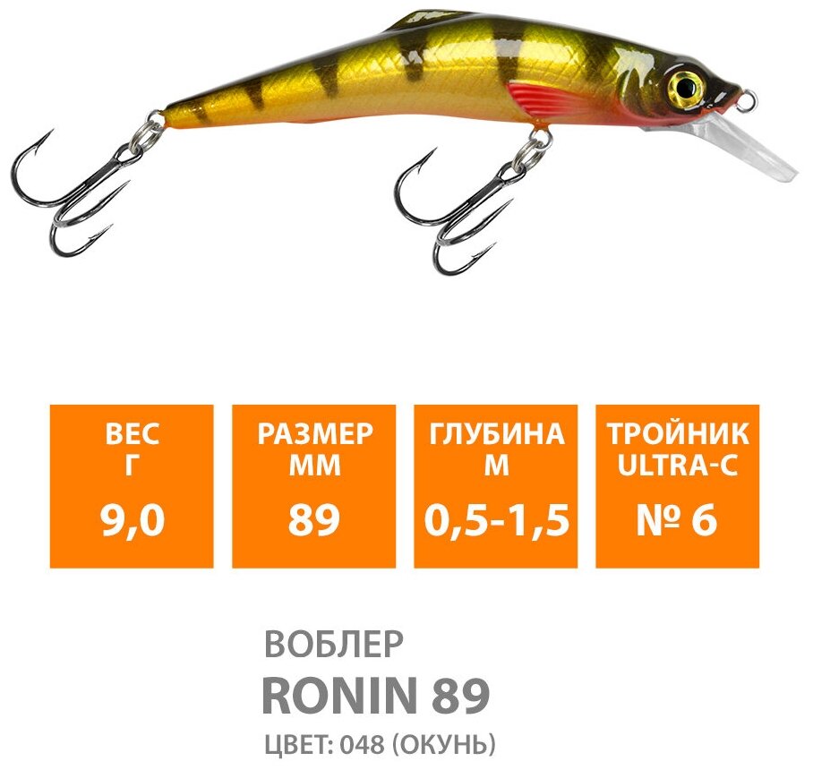 Воблер для рыбалки плавающий AQUA Ronin 89mm 9g заглубление от 0,5 до 1.5m. цвет 048