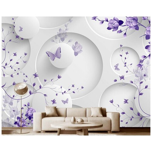 Фотообои на стену флизелиновые 3D Модный Дом Полет сиреневых бабочек 350x260 см (ШxВ)