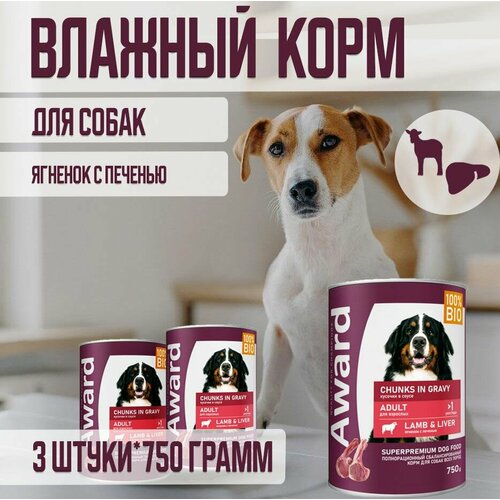 Влажный корм AWARD для взрослых собак, кусочки с ягненком и печенью в соусе 750г х 3шт