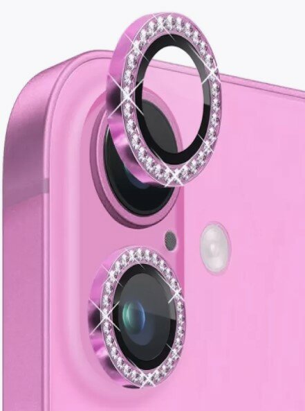 Линзы (стекла) для защиты камеры iPhone 16 / 16 Plus Со Стразами Розовые
