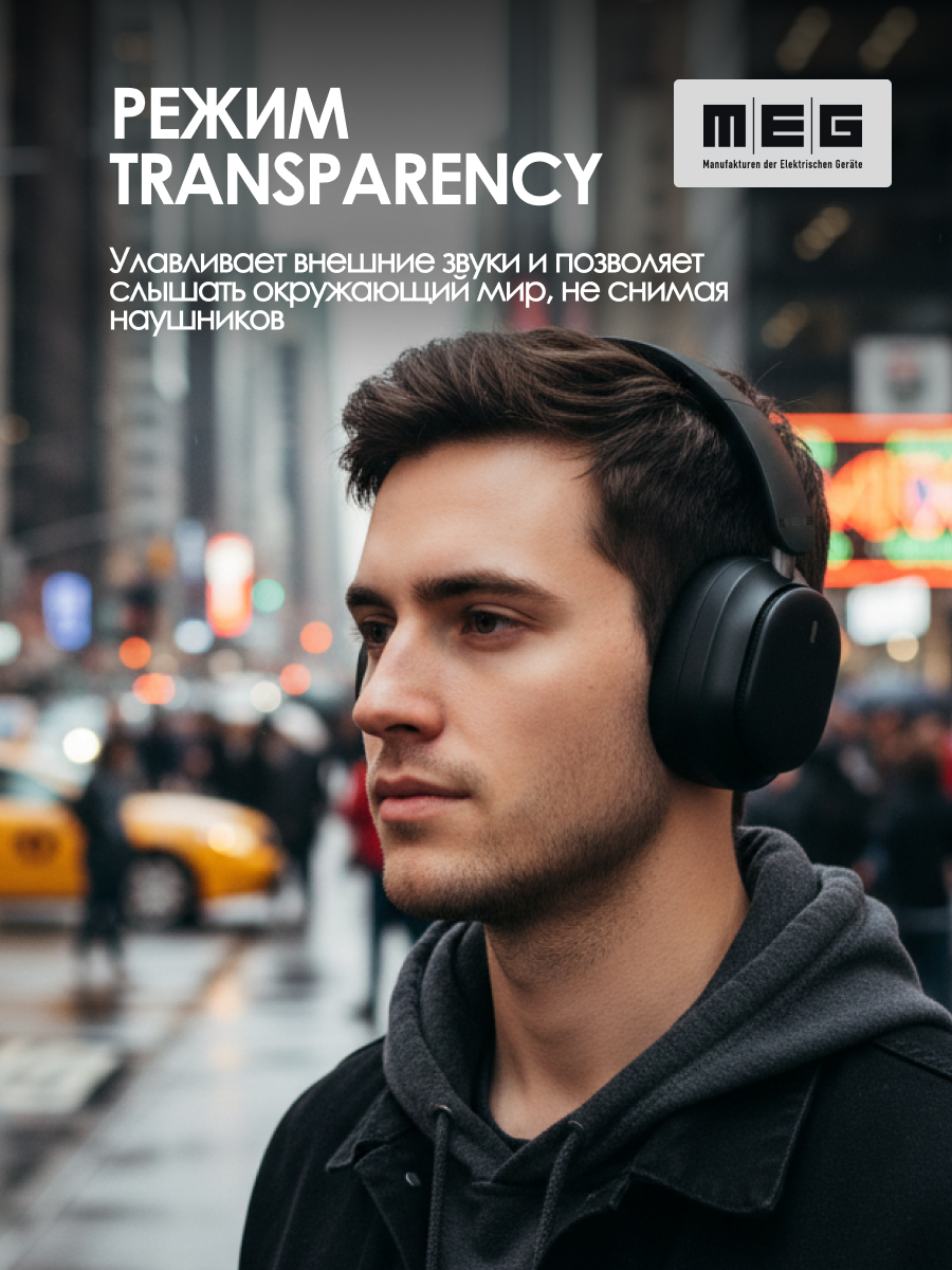 Беспроводные наушники MEG HWA200BL, Bluetooth 6.0, до 60ч, ANC Hybrid, Multipoint, LowLatency, черный — фото 1