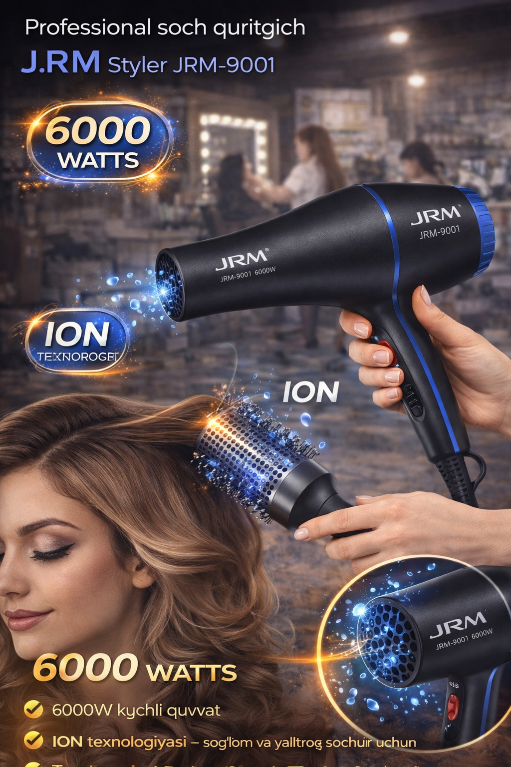 Фен JRM Styler JRM-9001, 6000 Вт, ионный, профессиональный, черно-синий