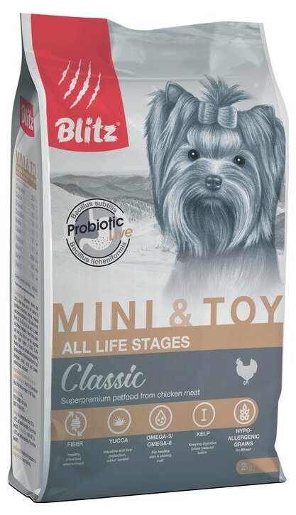 Сухой корм BLITZ ADULT MINI&TOY / для взрослых собак миниатюрных и мелких пород с курицей/ 2 кг