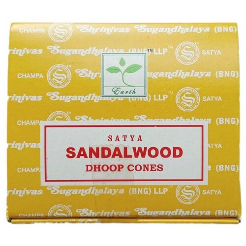 Satya Сандаловое дерево (Сандалвуд) - 12 шт, ароматические благовония, конусовидные, конусы с подставкой, Sandalwood - Сатия, Сатья