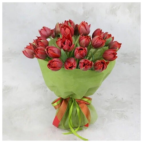 Букет живых цветов из 25 красных махровых тюльпанов в фетре