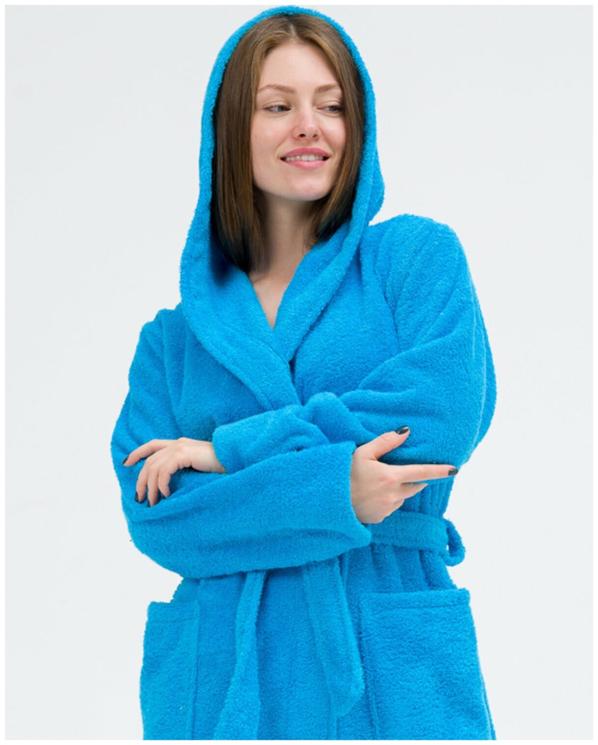 Халат махровый женский с капюшоном BIO-TEXTILES 44-46 голубой домашний банный для беременных в роддом больших размеров в подарок гостиничный - фотография № 1