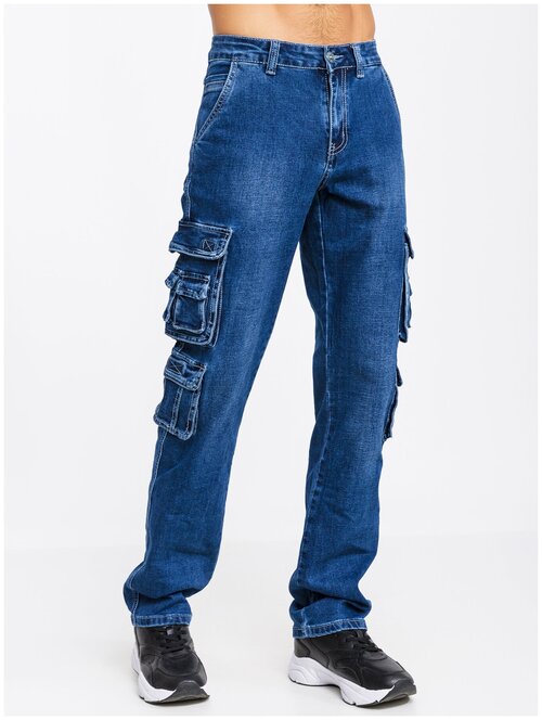 Джинсы широкие MKJeans, свободный силуэт, средняя посадка, стрейч, размер 34, синий