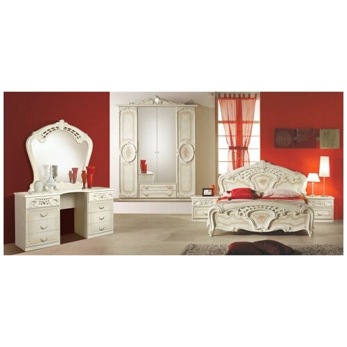 Спальный гарнитур Диа Роза цвет: беж глянец(кровать 160х200, шкаф 4дв, тумбочки 2шт, туал. столик с зеркалом)