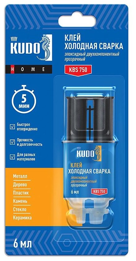 Клей KUDO HOME, эпоксидный, прозрачный, водостойкий, двухкомпонентный, 6 мл, KBS-750