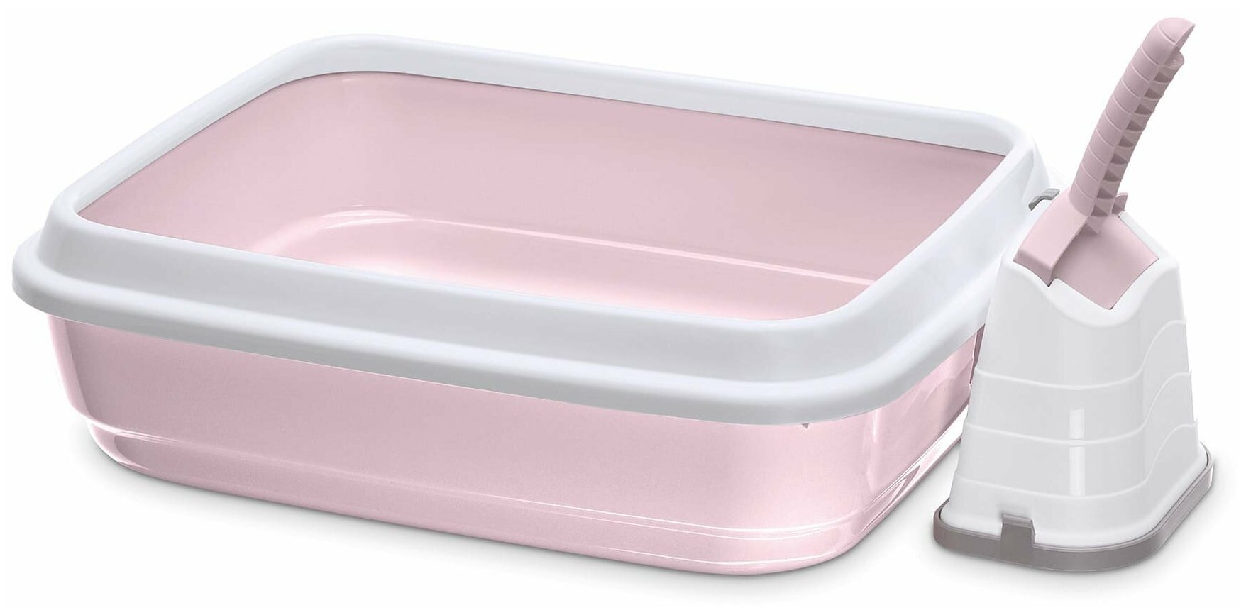 Туалет для кошек с бортом и совком DUO, светло-розовый, 59х40х28 см - фотография № 8