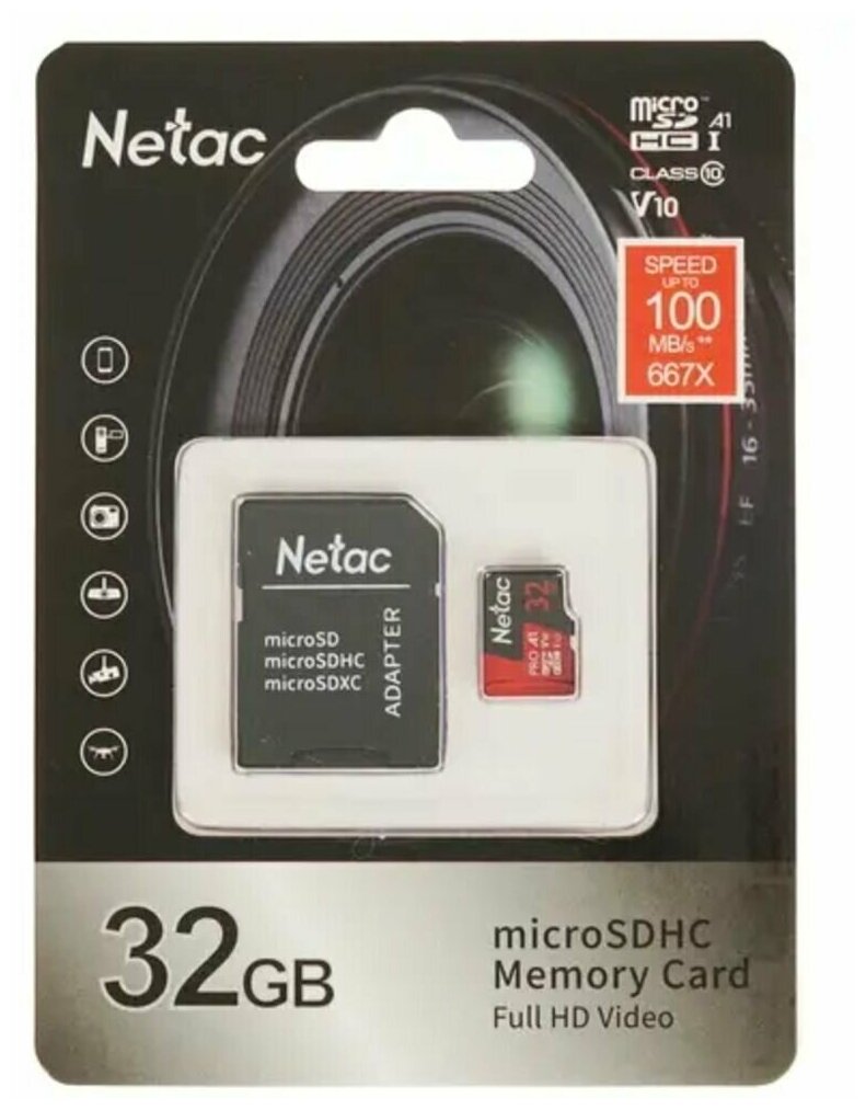 Карта памяти Netac MicroSD 32GB V10A1C10 100Mb/s+adp