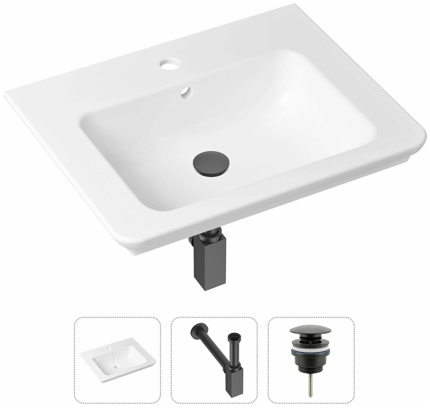 Комплект 3 в 1 Lavinia Boho Bathroom Sink 21520396: врезная фарфоровая раковина 60 см, металлический сифон, донный клапан
