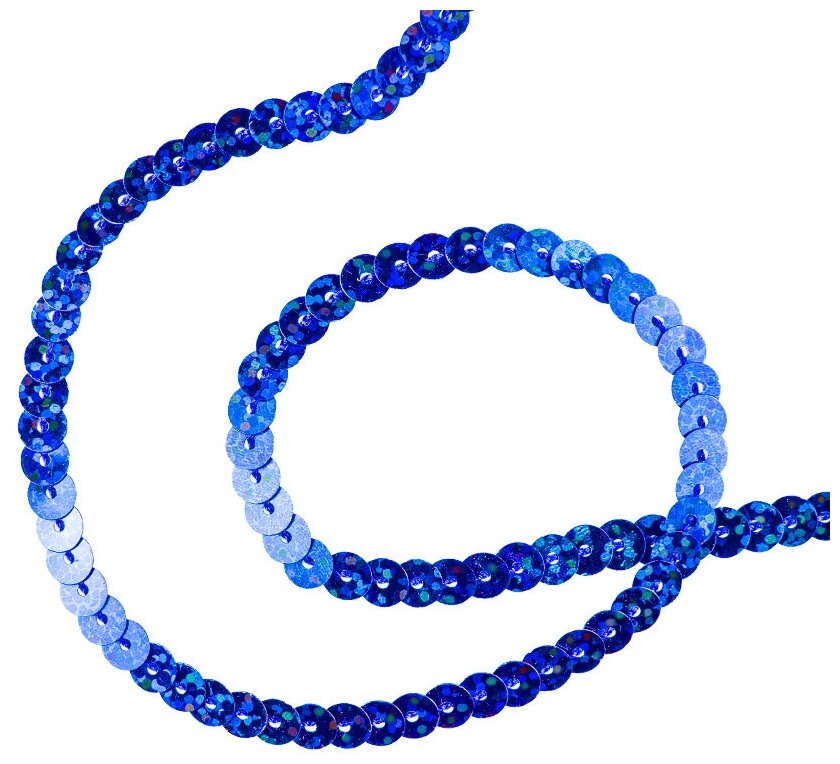 Пайетки для рукоделия на нитке голографические синие В1 / Лента (тесьма) с пайетками 2 метра